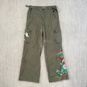 Johnny Was Hinga Wide Leg Floral Embroidered Cargo Green Cotton Pants 4